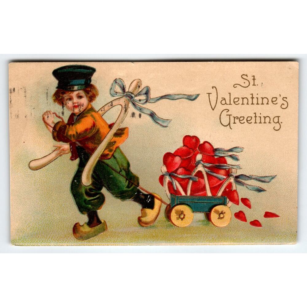 Valentine Postcard Unsigned Ellen Clapsaddle Dutch Boy Hauls Hearts Wagon 1909